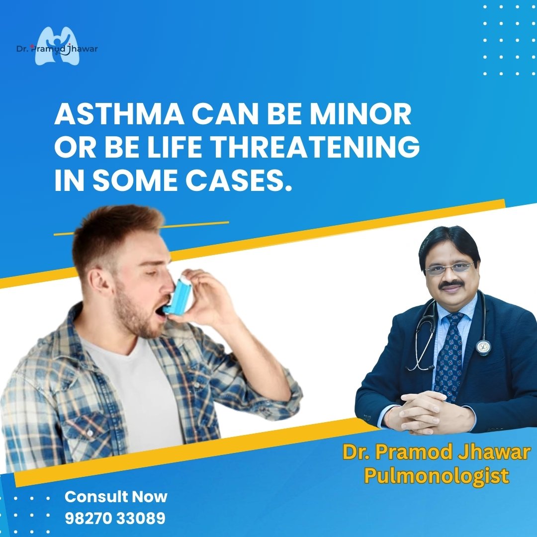 Asthma awareness banner showing patient using inhaler with Dr. Pramod Jhawar pulmonologist for asthma treatment in Indore
