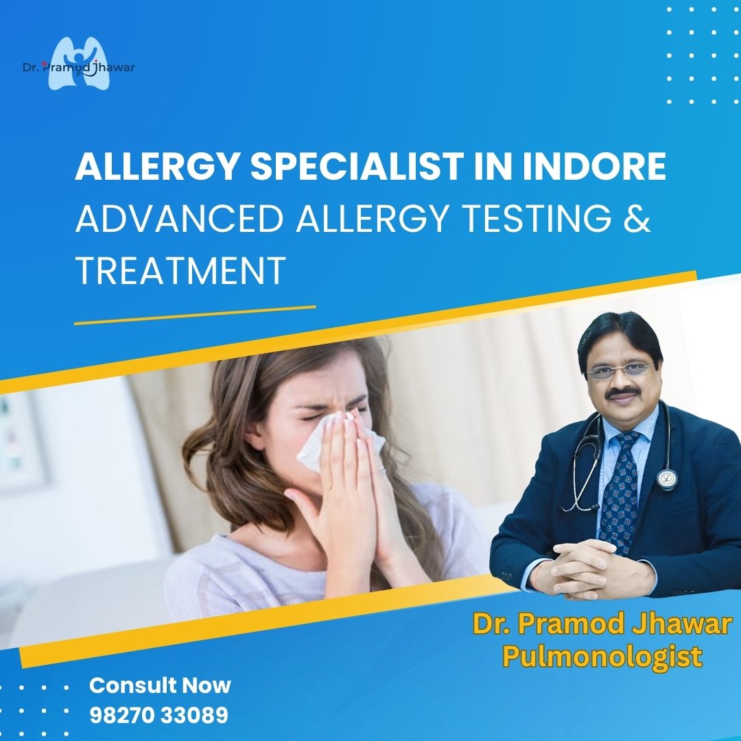Allergy specialist in Indore showing patient with sneezing symptoms and Dr. Pramod Jhawar pulmonologist for advanced allergy testing and treatment