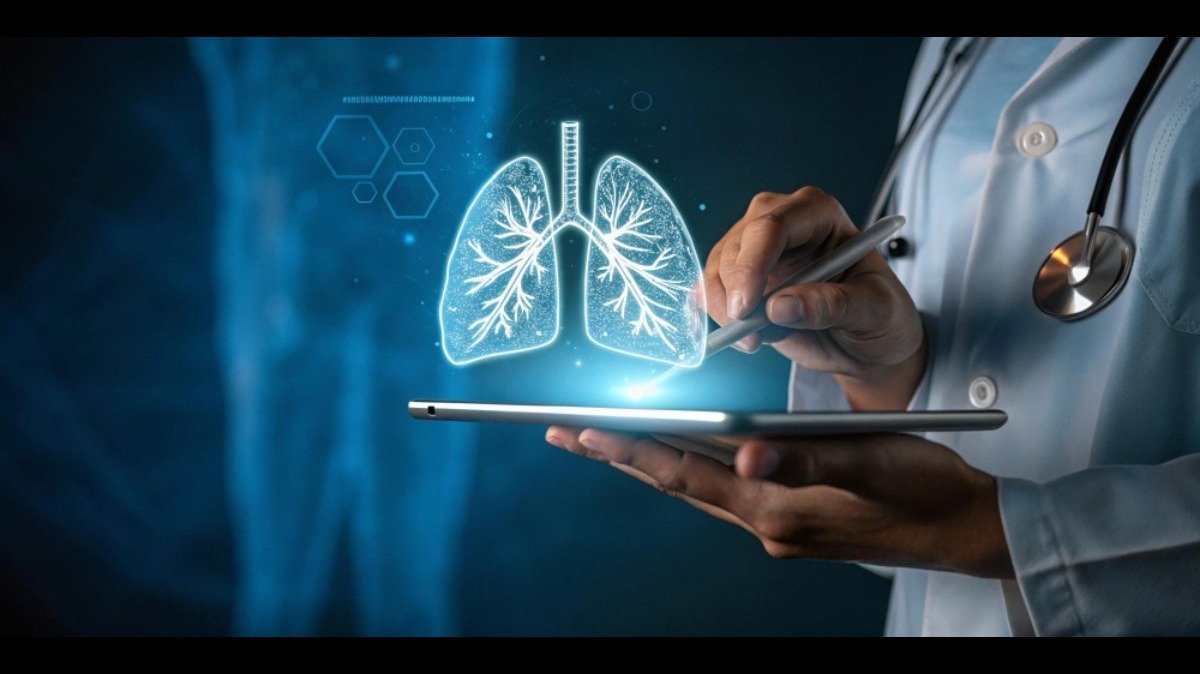 Doctor analyzing lungs digitally for advanced pulmonary function testing PFT and DLCO