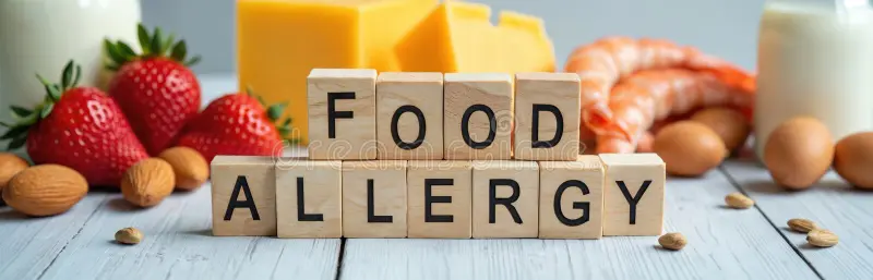 Various foods like milk, nuts, seafood and strawberries representing food allergy triggers