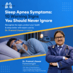 Sleep apnea symptoms infographic showing a sleeping man using CPAP therapy and Dr. Pramod Jhawar, Pulmonologist in Indore