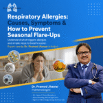 Respiratory allergies infographic showing common allergy triggers, symptoms, seasonal flare-ups, and Dr. Pramod Jhawar, Pulmonologist in Indore