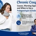 Chronic cough infographic showing a woman coughing, lung illustration, warning signs, and Dr. Pramod Jhawar, Pulmonologist in Indore